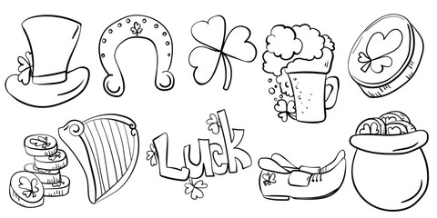 Set of outline elements for St. Patrick's Day in a handdrawn doodle style
