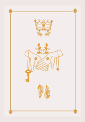 Esoteric poster Two hands hold key, branches and crown on white background Boho style vector outline illustration.