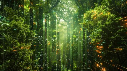 Fototapeta premium Digital Forest Fusion with Futuristic Cityscape 