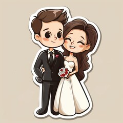 cute little wedding couples with greeting text sticker " ai generated "