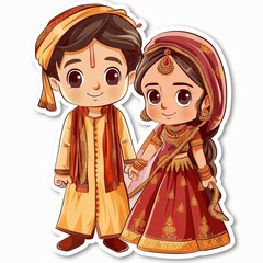 cute little wedding couples with greeting text sticker " ai generated "
