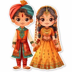 cute little wedding couples with greeting text sticker " ai generated "