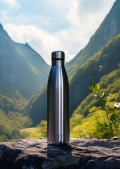 Tea bottle high in mountains, summer hot season,, drink more water concept. Generative Ai.