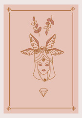 Esoteric poster Girl with flowers and wings, branches and gem. Boho style vector outline illustration.