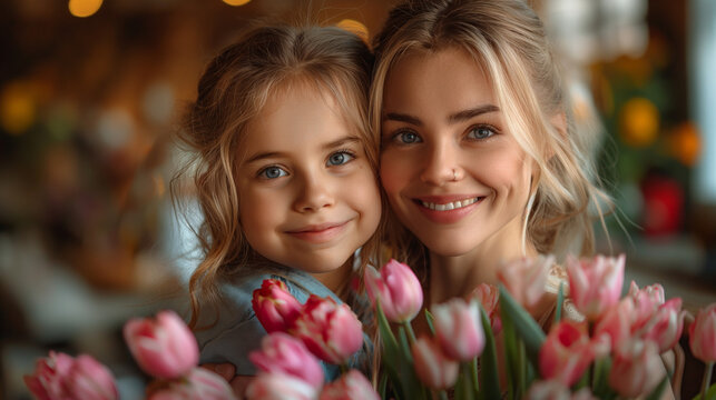 Fr&ouml;hlichen Muttertag: Junge Mutter bekommt Blumen von Tochter