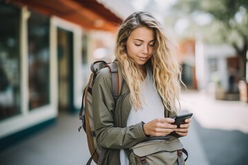 A young woman with blonde hair is focused on her smartphone as she strolls along a city sidewalk. She is dressed casually with a white top and a green jacket, and carries a backpack, suggesting she mi