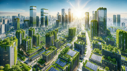 Futuristic eco-friendly buildings with greenery and solar panels in modern city skyline