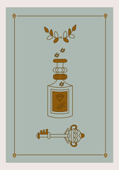 Esoteric poster Magical poison with diamond, fantasy key and branches on green background Boho style vector outline illustration.
