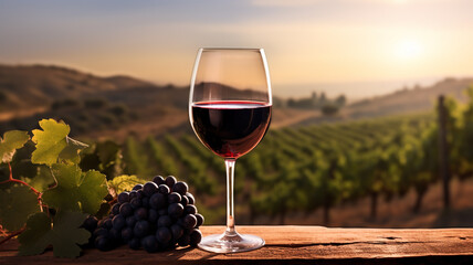 a glass of red wine with vineyard background at sunrise - obrazy, fototapety, plakaty