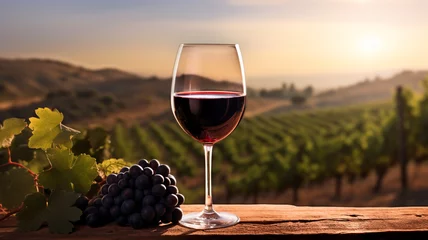 Fotobehang a glass of red wine with vineyard background at sunrise © Yuwarin