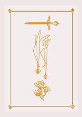 Esoteric poster Hand with amulet and diamond, magic golden sword and mystic flower with three branches on white background Boho style vector outline illustration.
