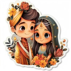 cute little Indian wedding couples in a traditional dress sticker "ai generated "