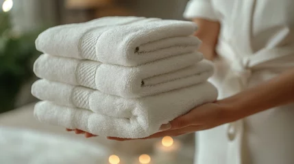 Foto op Plexiglas Zimmermädchen im Wellnesshotel präsentiert frische, weiße Handtücher © Denise