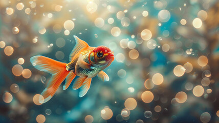 A goldfish gracefully swims in a fish tank, surrounded by a mesmerizing bokeh background - obrazy, fototapety, plakaty