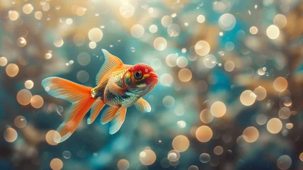 Fotobehang A goldfish gracefully swims in a fish tank, surrounded by a mesmerizing bokeh background © Yuwarin