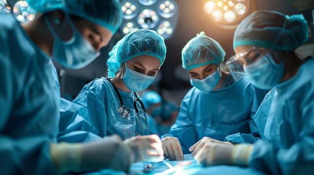Fokussierte Chirurgin bei einer Operation mit ihrem Team im Operationssaal
