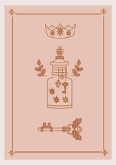 Esoteric poster Magical poison with stars, golden key with wings and crown with gem on pink background. Boho style vector outline illustration.