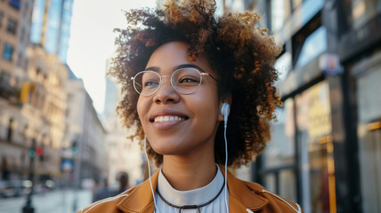 A happy woman looking sideways with a joyful expression, enjoys listening to music with earphones in the bustling city, immersing herself in the rhythm of urban life