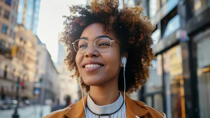 Tuinposter A happy woman looking sideways with a joyful expression, enjoys listening to music with earphones in the bustling city, immersing herself in the rhythm of urban life © Yuwarin