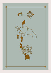 Esoteric poster Hand holding an apple, mystic golden flower and magical fantasy key on green background Boho style vector outline illustration.