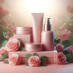 Obraz na płótnie Canvas Stunning, photorealistic rose cosmetics mockup on rose table. Nature backdrop, minimalist design, perfect for branding
