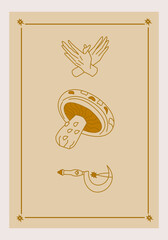 Esoteric poster Magic spotted mushroom, druid sickle and branch, two hands on beige background Boho style vector outline illustration.