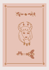 Esoteric poster Girl with horns and bells, golden key with wings and branch on pink background Boho style vector outline illustration.
