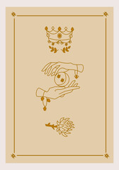 Esoteric poster Protection hands holding moon and stars, mystic prickly flower and crown on beige background. Boho style vector outline illustration.