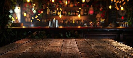 An empty wooden table is set in front of a bar at a restaurant. The background features bokeh lights, creating a warm and inviting atmosphere.