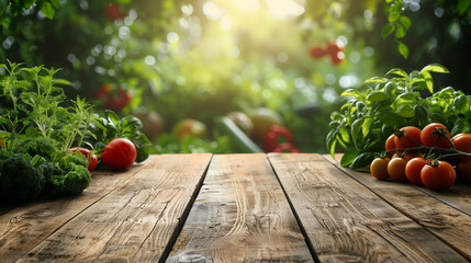 Fresh tomatoes on a wooden table with organic farm background.