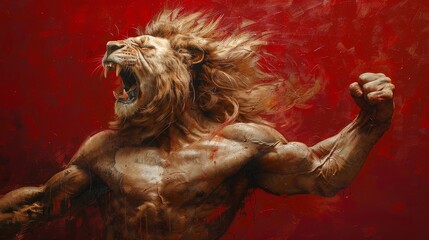 Figure with a lion head roars muscles tensed set against a deep red backdrop a surreal and sharp vision