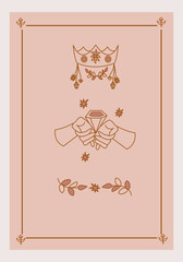 Esoteric poster Two hands holding diamond, crown and branch on pink background Boho style vector outline illustration.
