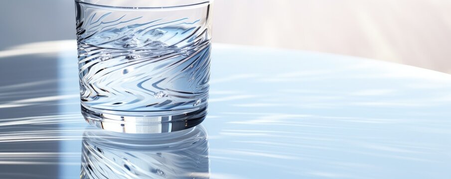 Close up view of splash of clear drinking water in a cup, banner.  Generative Ai.