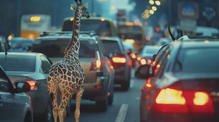 Foto op Aluminium Tiere symbolisch im Verkehrsstau auf der Straße Stauursache mit Humor lustig mit Giraffe Maus, Schildkröte Nashorn dargestellt Generative AI © Imagecreator