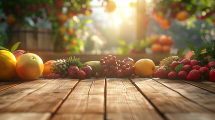 Wooden table with fruits in the background - For product display montage of your products