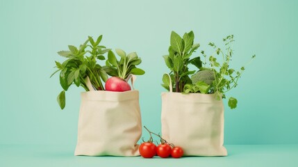 Close up eco-bags made from recyclable packaging for storing vegetables and fruits with herbs on a pastel background. Concept of ecological lifestyle, recycling