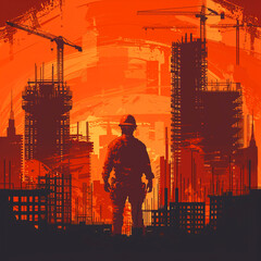 Urban construction scene at dusk, worker amidst skyscrapers under an orange sky, showcasing civil engineering feats