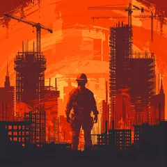 Gordijnen Urban construction scene at dusk, worker amidst skyscrapers under an orange sky, showcasing civil engineering feats © weerasak