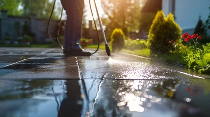 Fototapeten Deep cleaning under high pressure. Workers cleaning driveway with pressure washer, professional cleaning service © Ahtesham