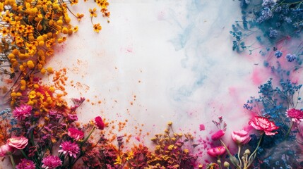 holi themed floor floral designs with colored powder background