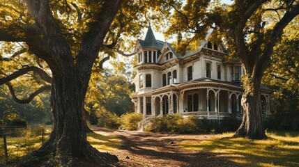 majestic Victorian mansion surrounded by mature trees, embodying the grandeur of a bygone era