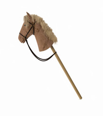 Plush hobby horse toy with a wooden stick on white background