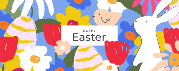 Happy Easter banner. Trendy Easter design with typography, hand painted pattern with spring flowers, egg, chick and Easter bunny. Modern art style. Horizontal poster, greeting card, header for website © Tanya Shulga