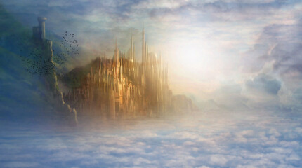 Heaven, clouds and castle with light for fantasy, creative imagination and eternity with birds, sky...