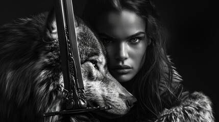 A dramatic black and white portrait featuring a woman holding an ornate sword,  and a wolf in close proximity - AI Generated Digital Art © Paul