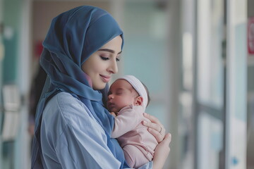nurse woman holding a newborn baby in a hospital room
