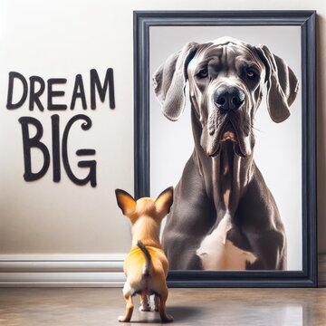 A small Chihuahua looking up at a framed picture of a large Great Dane on the wall. Next to the framed picture, the phrase "DREAM BIG" - AI Generated Digital Art