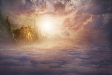 Heaven, sky and castle with light for fantasy, creative imagination and eternity with birds, clouds...