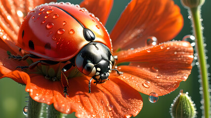 A ladybug with water drops sits on a poppy flower on a sunny day.