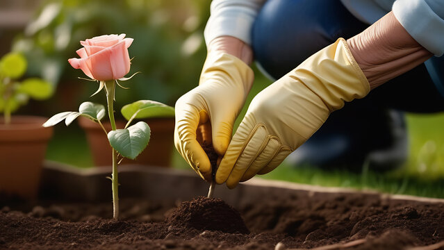 an elderly woman plants a seedling in the ground in her backyard garden. Hands in gardening gloves 